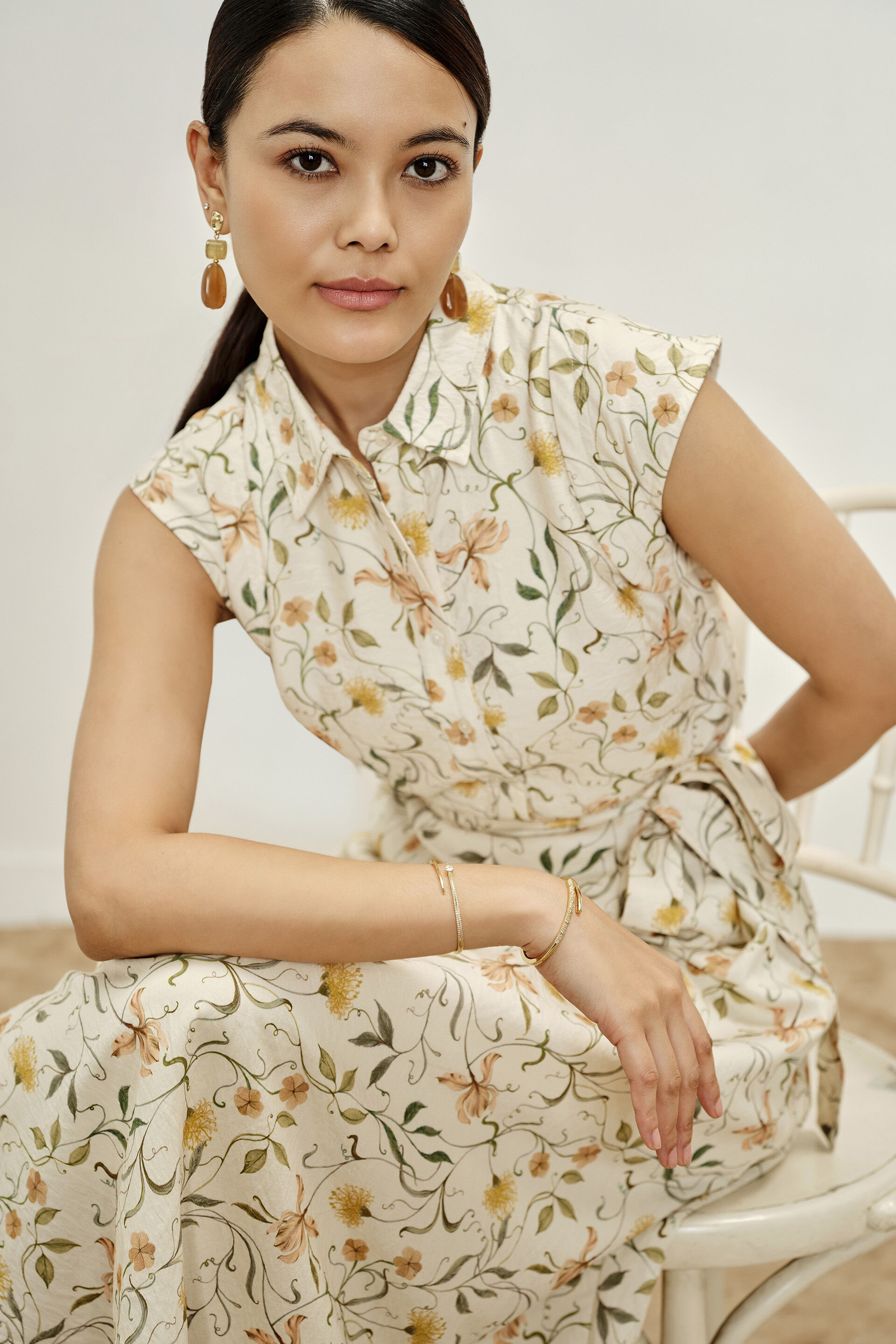 April Collared Cream Dress, Green, image 4